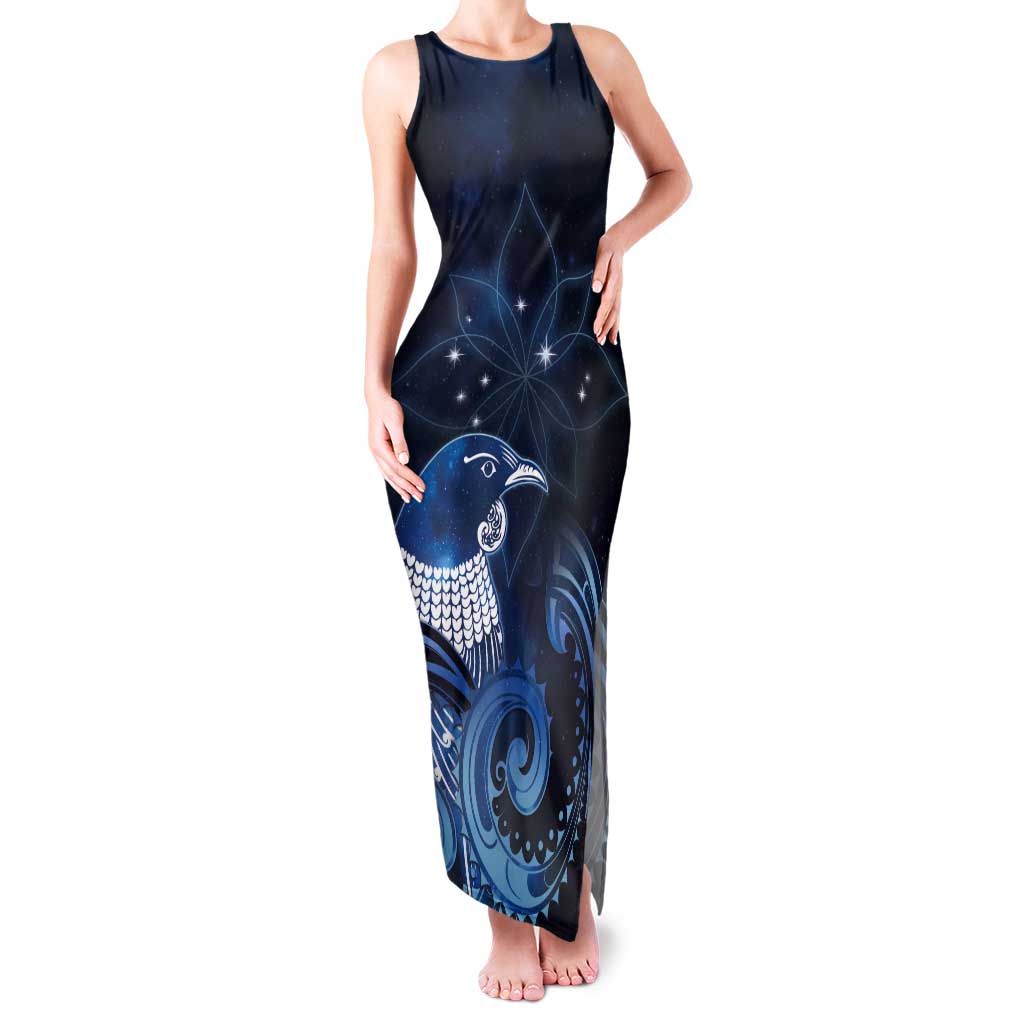 New Zealand Matariki Tank Maxi Dress Maori Tui Bird Blue Galaxy DT05 Women Blue - Polynesian Pride