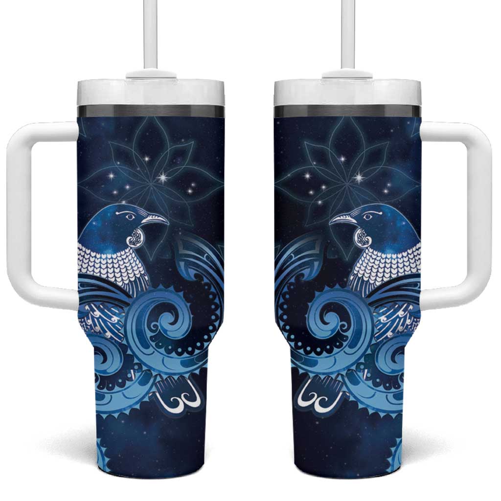 New Zealand Matariki Tumbler With Handle Maori Tui Bird Blue Galaxy