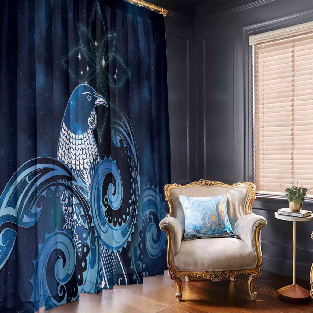 New Zealand Matariki Window Curtain Maori Tui Bird Blue Galaxy