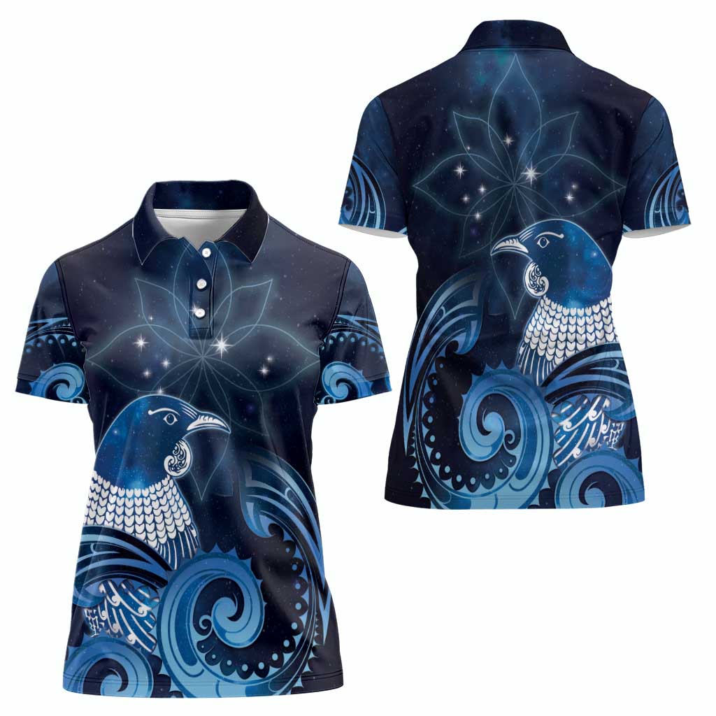 New Zealand Matariki Women Polo Shirt Maori Tui Bird Blue Galaxy
