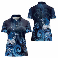New Zealand Matariki Women Polo Shirt Maori Tui Bird Blue Galaxy