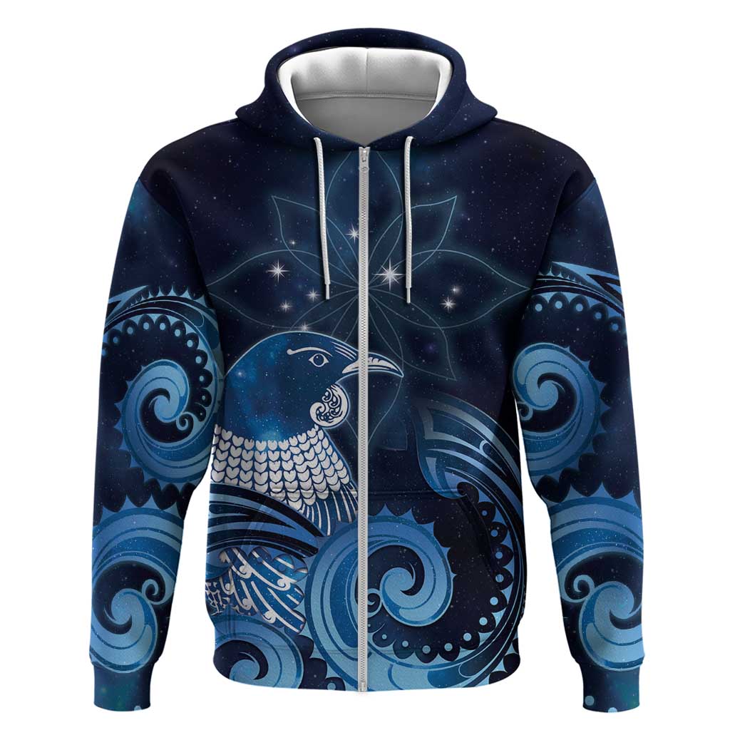 New Zealand Matariki Zip Hoodie Maori Tui Bird Blue Galaxy