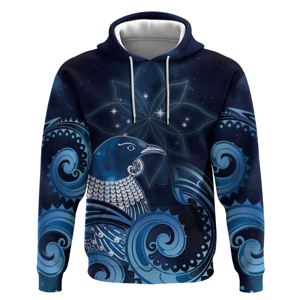 New Zealand Matariki Zip Hoodie Maori Tui Bird Blue Galaxy
