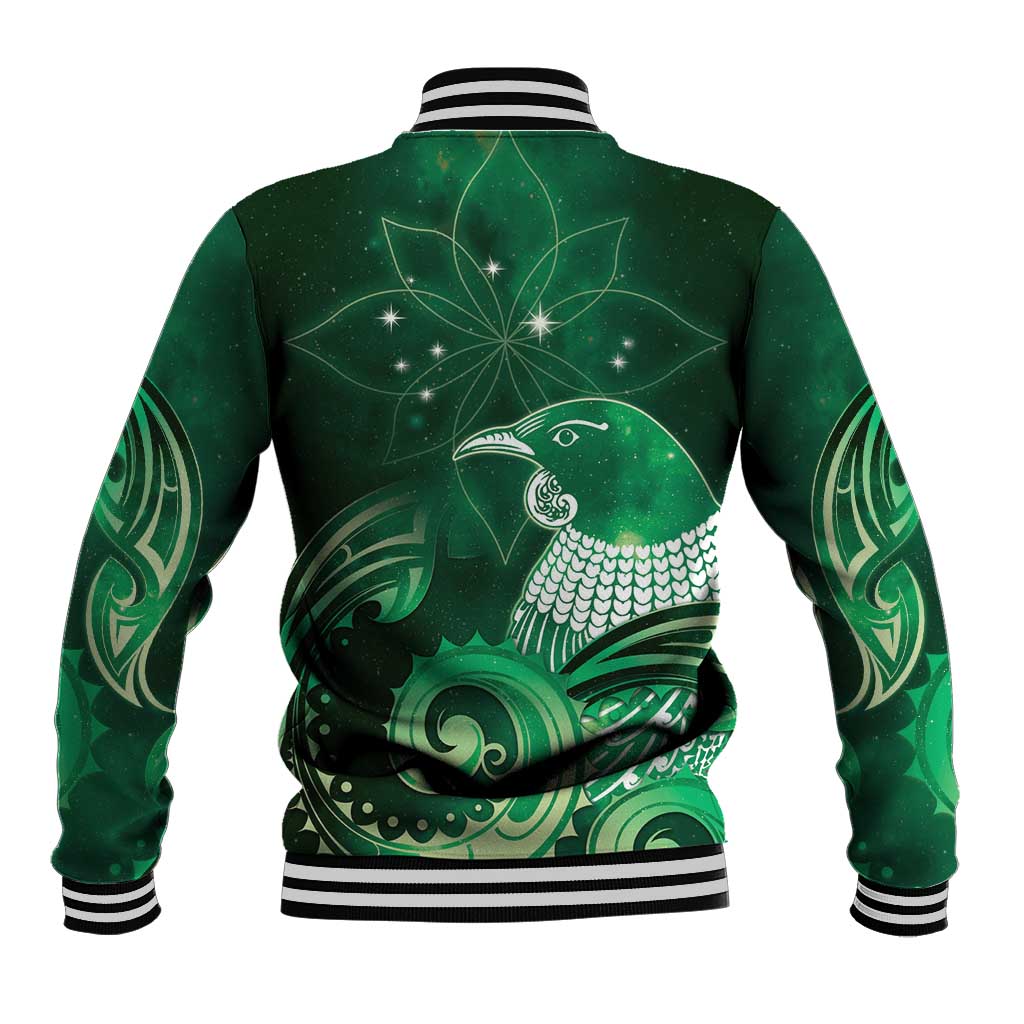 New Zealand Matariki Baseball Jacket Maori Tui Bird Green Galaxy
