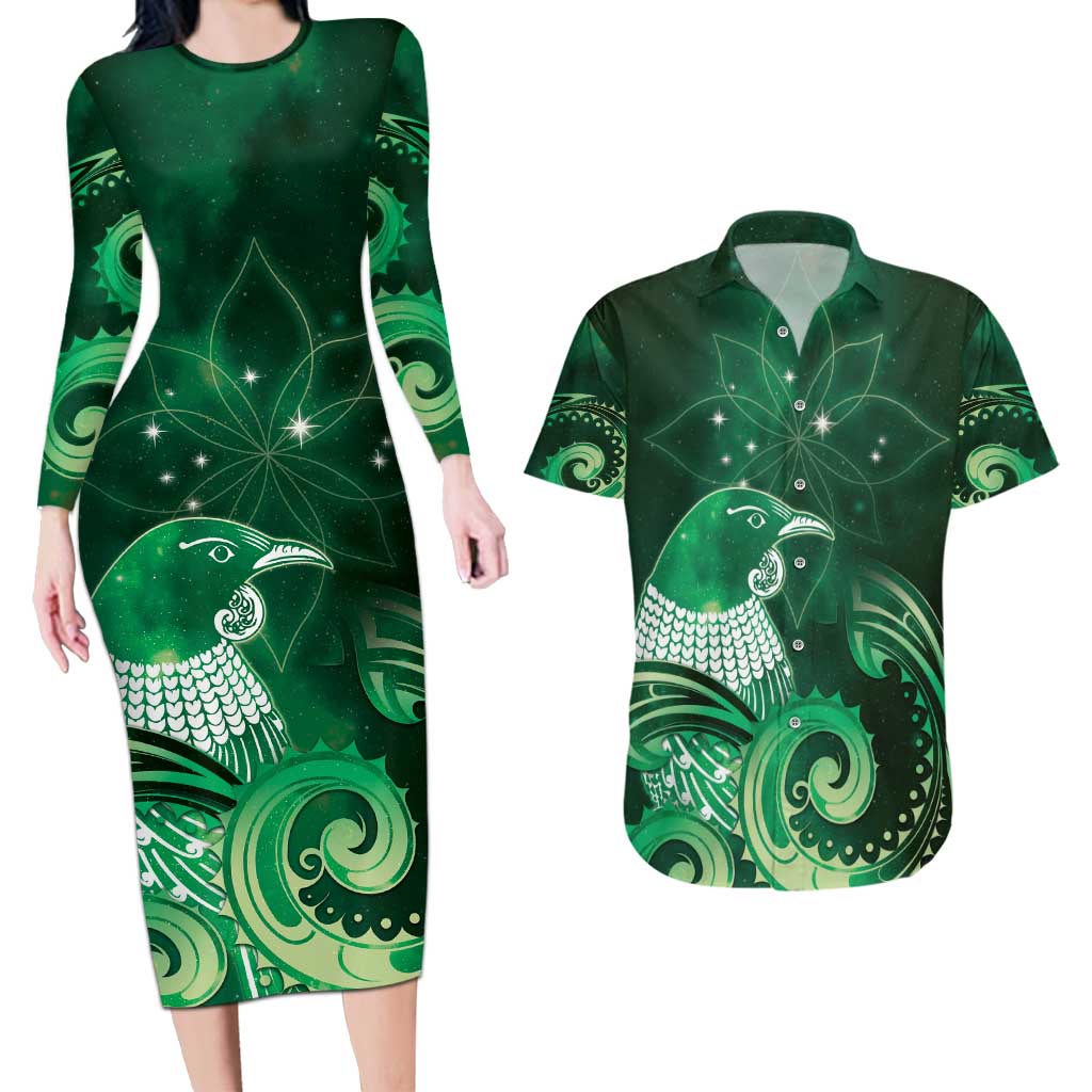 New Zealand Matariki Couples Matching Long Sleeve Bodycon Dress and Hawaiian Shirt Maori Tui Bird Green Galaxy