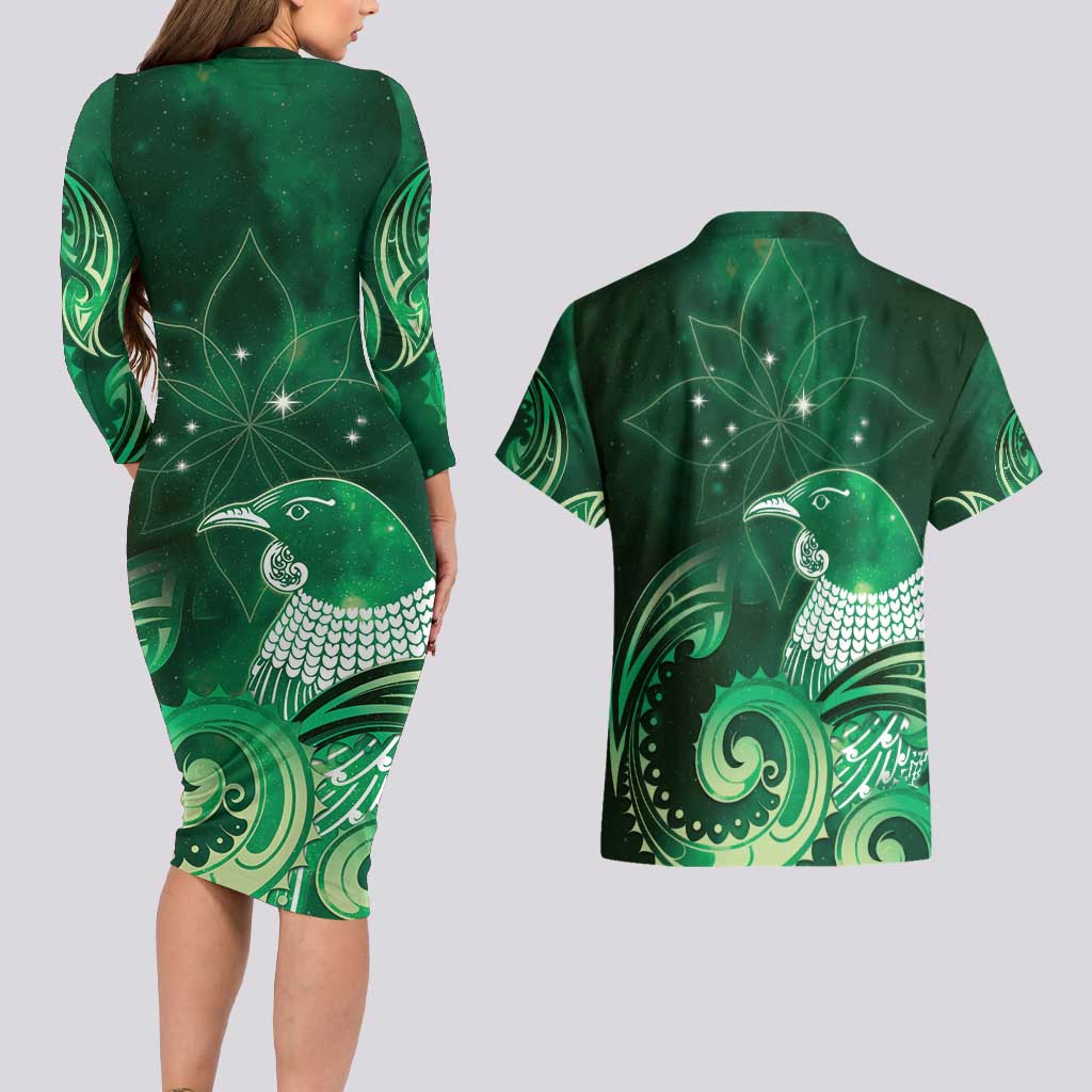New Zealand Matariki Couples Matching Long Sleeve Bodycon Dress and Hawaiian Shirt Maori Tui Bird Green Galaxy