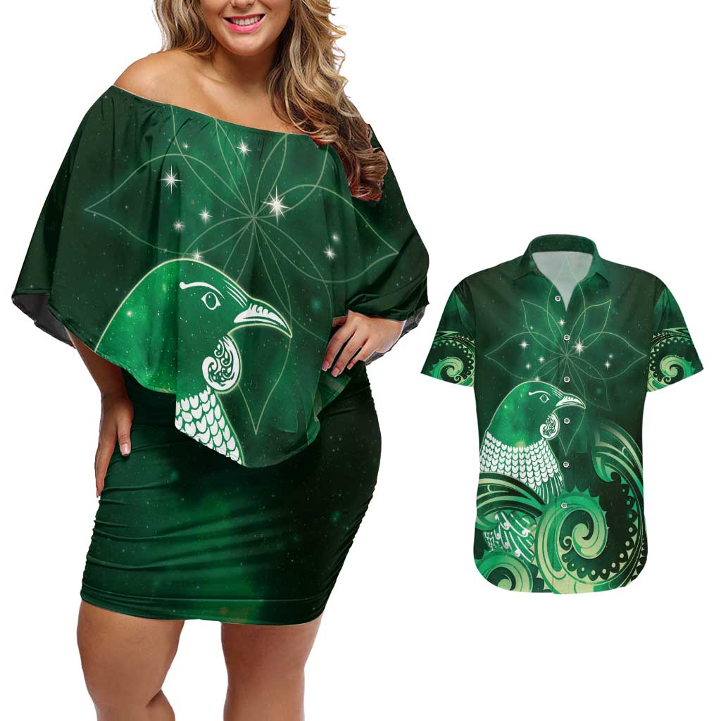 New Zealand Matariki Couples Matching Off Shoulder Short Dress and Hawaiian Shirt Maori Tui Bird Green Galaxy