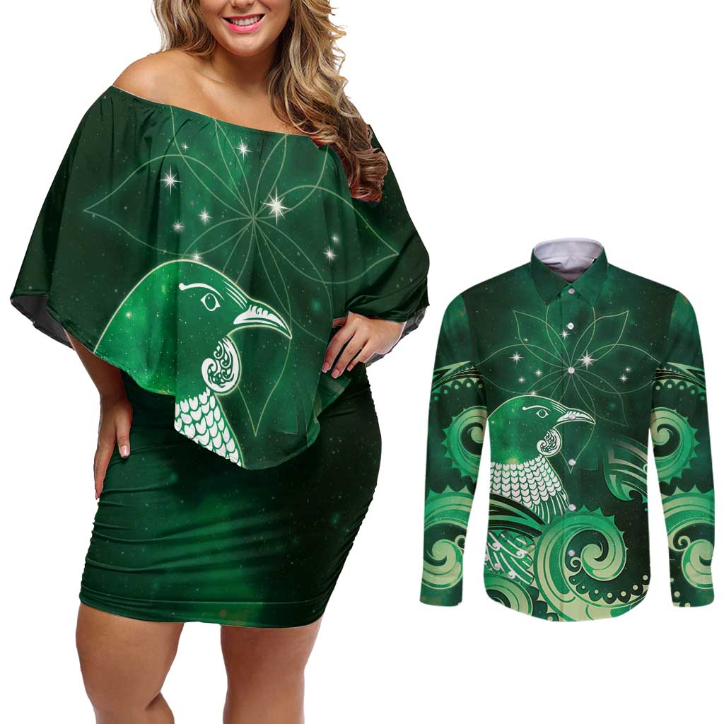 New Zealand Matariki Couples Matching Off Shoulder Short Dress and Long Sleeve Button Shirt Maori Tui Bird Green Galaxy