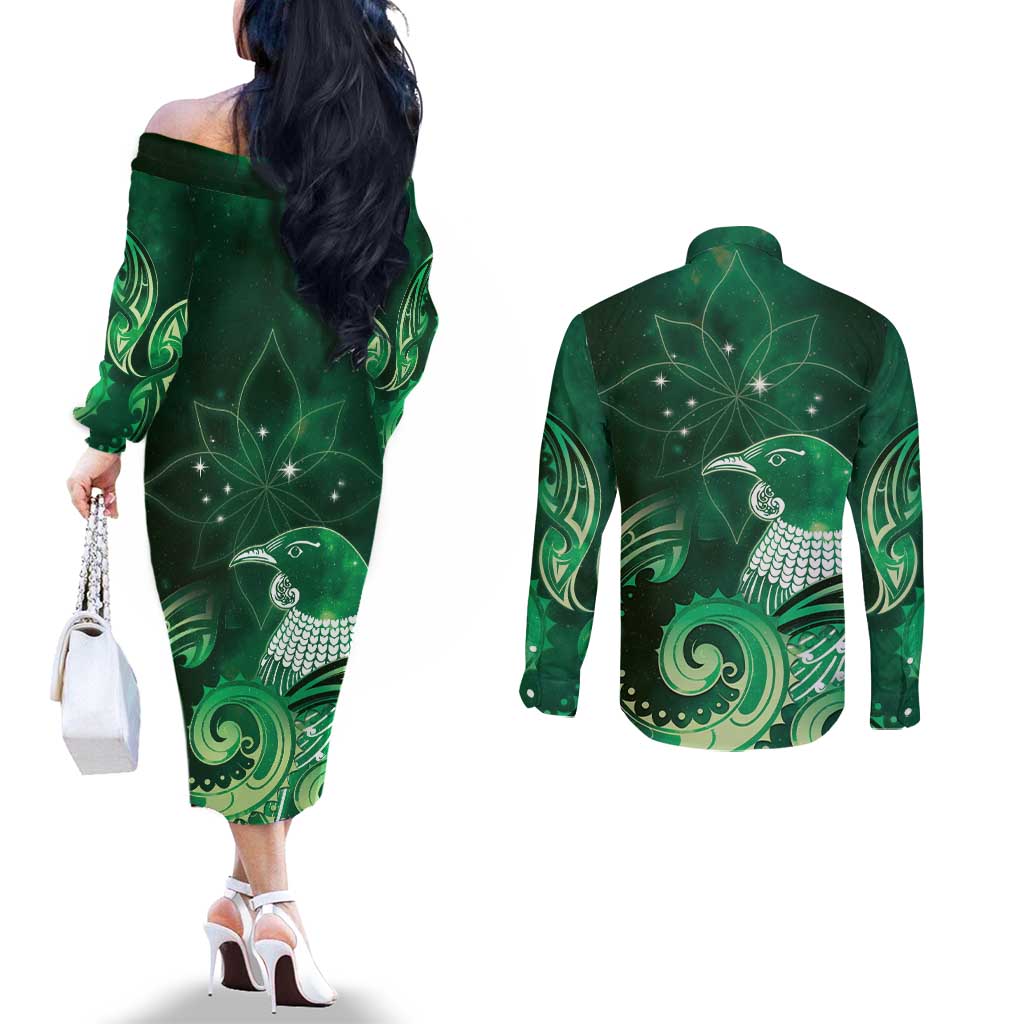 New Zealand Matariki Couples Matching Off The Shoulder Long Sleeve Dress and Long Sleeve Button Shirt Maori Tui Bird Green Galaxy