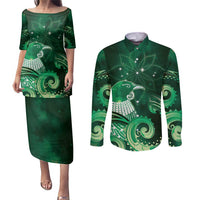 New Zealand Matariki Couples Matching Puletasi and Long Sleeve Button Shirt Maori Tui Bird Green Galaxy