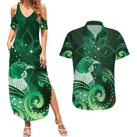 New Zealand Matariki Couples Matching Summer Maxi Dress and Hawaiian Shirt Maori Tui Bird Green Galaxy