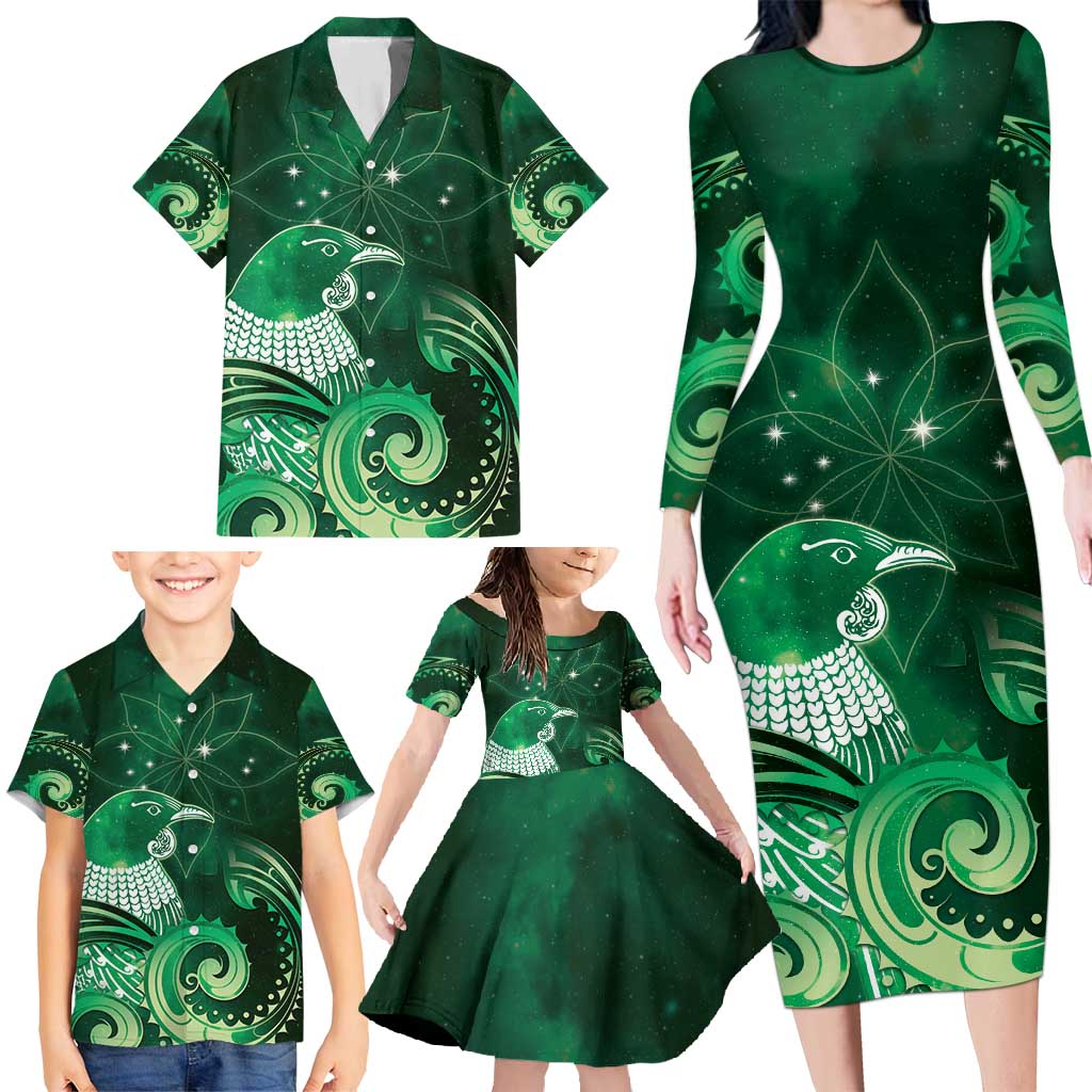 New Zealand Matariki Family Matching Long Sleeve Bodycon Dress and Hawaiian Shirt Maori Tui Bird Green Galaxy