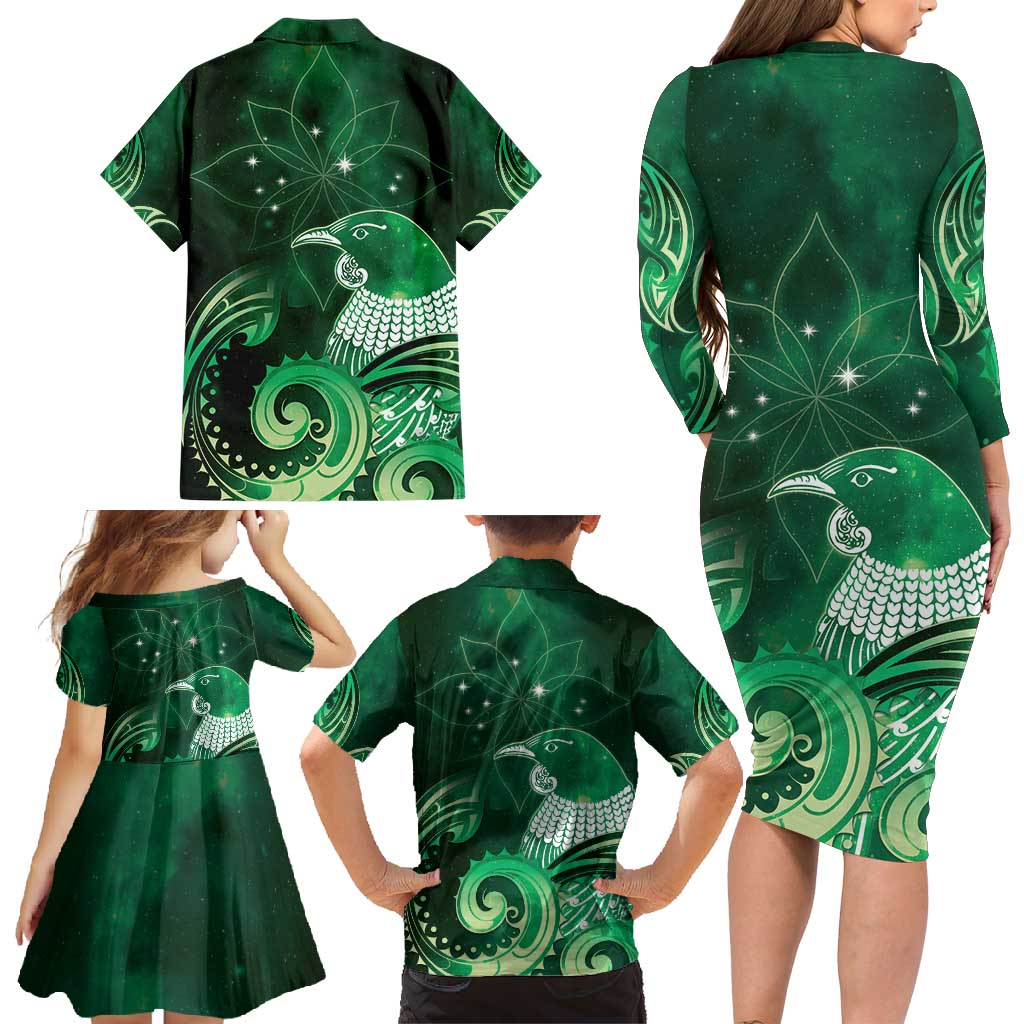 New Zealand Matariki Family Matching Long Sleeve Bodycon Dress and Hawaiian Shirt Maori Tui Bird Green Galaxy