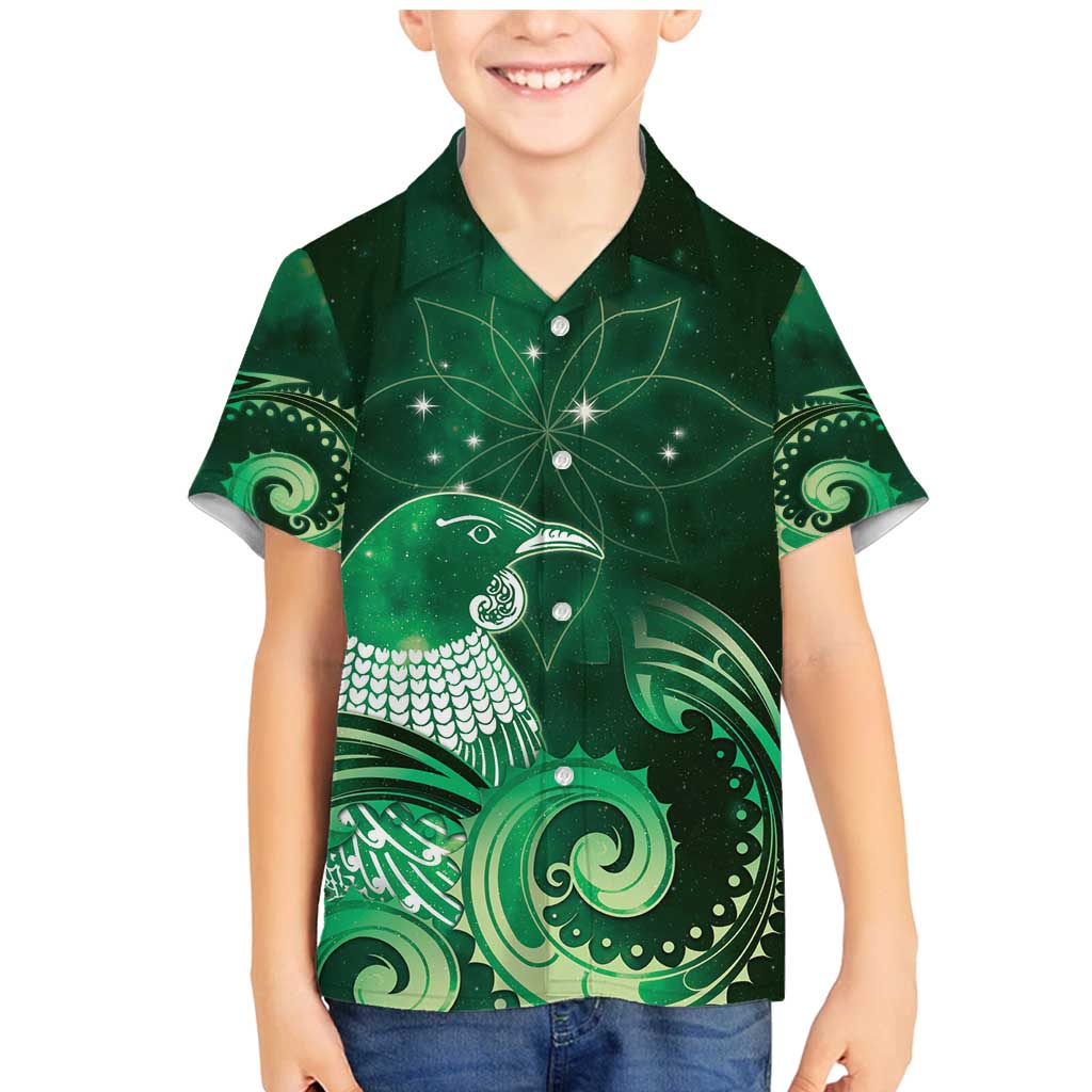 New Zealand Matariki Family Matching Mermaid Dress and Hawaiian Shirt Maori Tui Bird Green Galaxy
