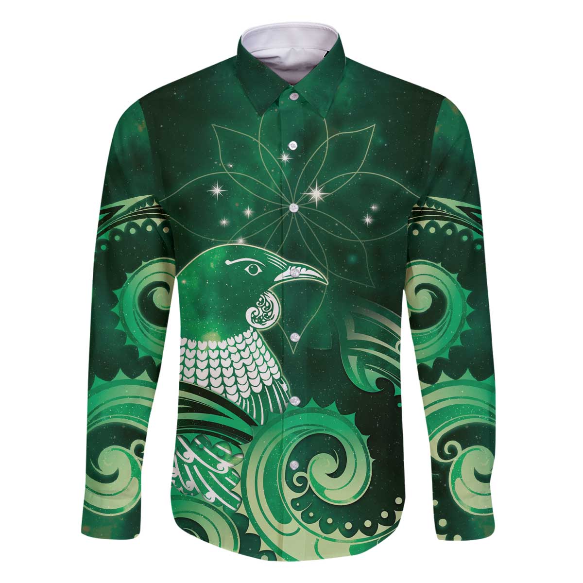 New Zealand Matariki Family Matching Off The Shoulder Long Sleeve Dress and Hawaiian Shirt Maori Tui Bird Green Galaxy