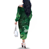 New Zealand Matariki Family Matching Off The Shoulder Long Sleeve Dress and Hawaiian Shirt Maori Tui Bird Green Galaxy