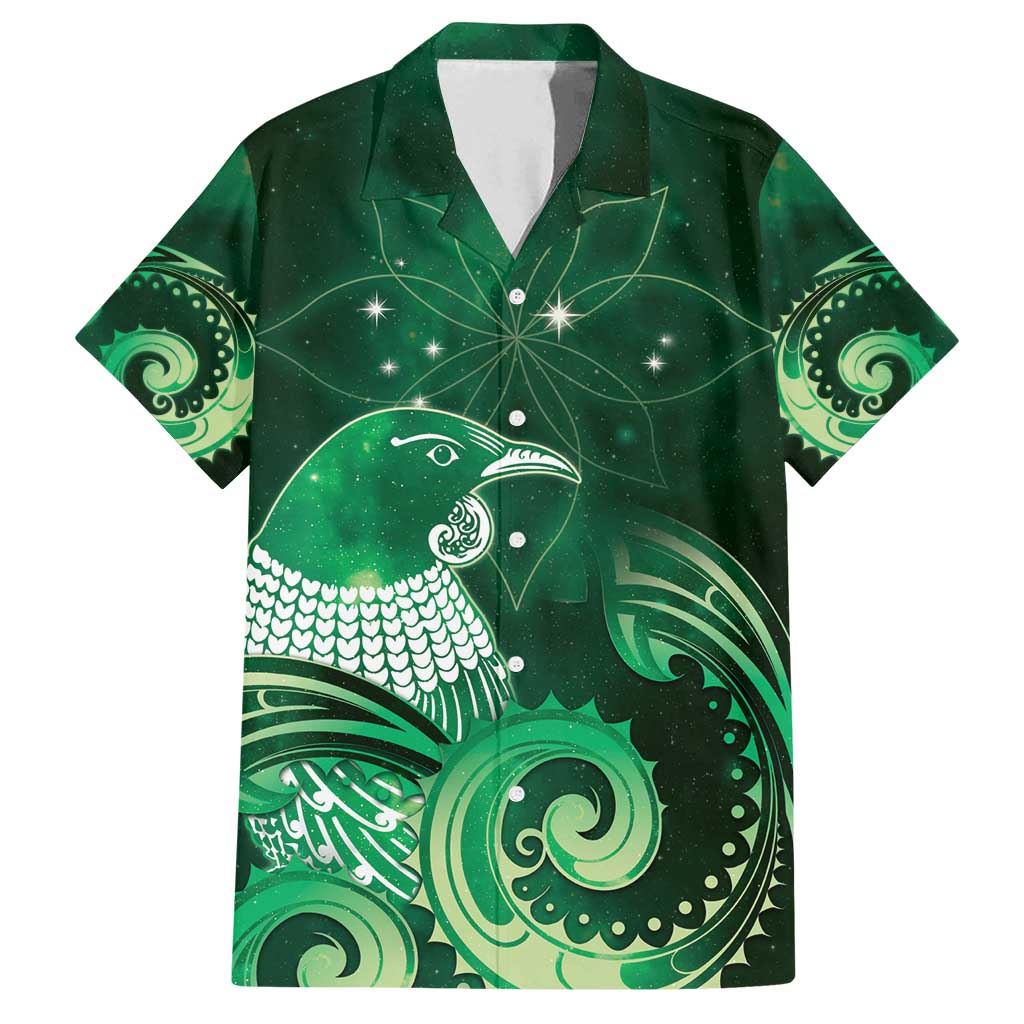 New Zealand Matariki Family Matching Off Shoulder Short Dress and Hawaiian Shirt Maori Tui Bird Green Galaxy