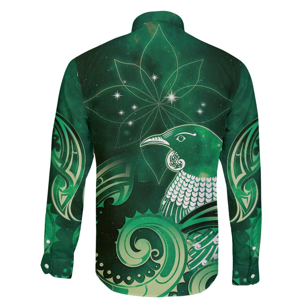 New Zealand Matariki Family Matching Off Shoulder Short Dress and Hawaiian Shirt Maori Tui Bird Green Galaxy