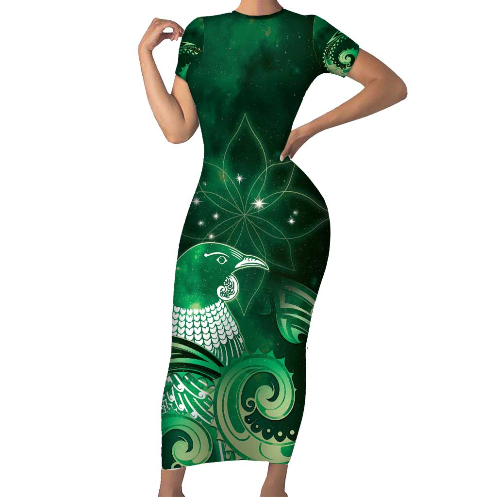 New Zealand Matariki Family Matching Short Sleeve Bodycon Dress and Hawaiian Shirt Maori Tui Bird Green Galaxy