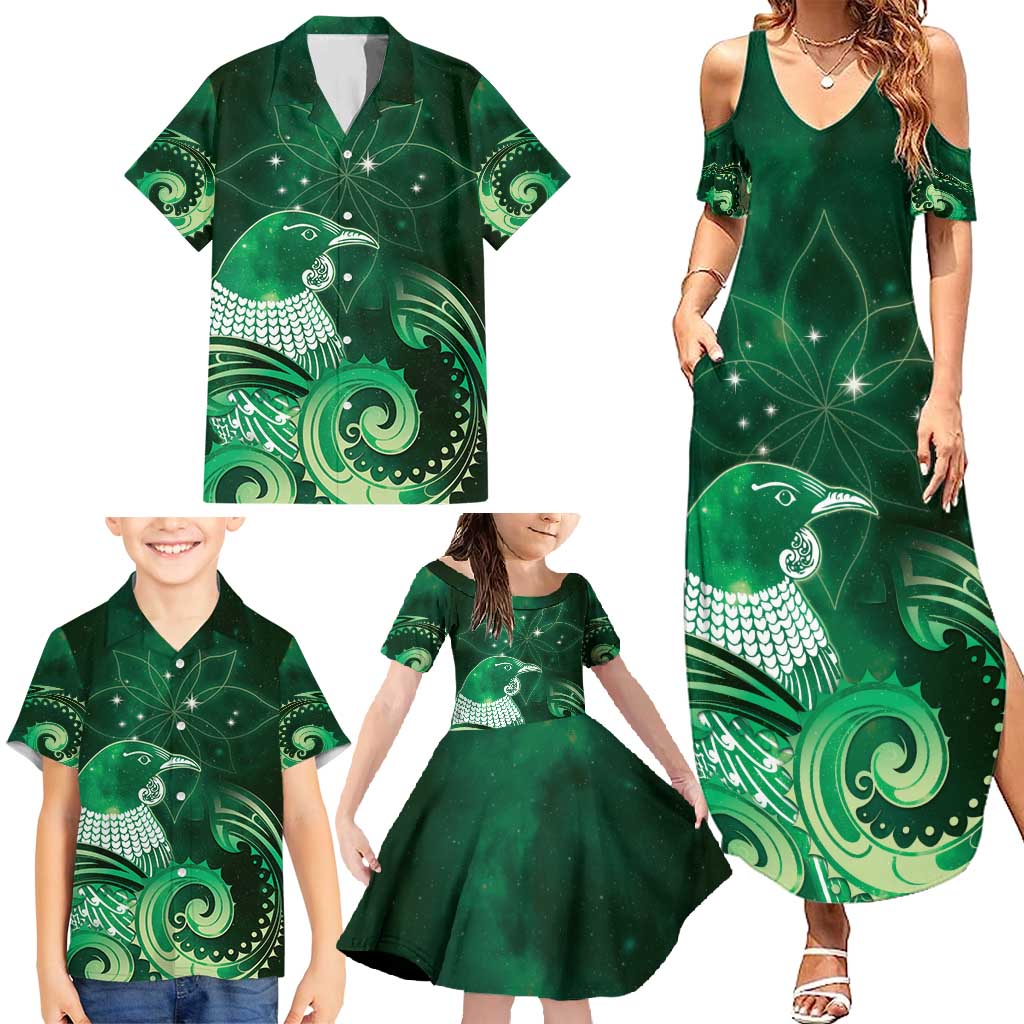 New Zealand Matariki Family Matching Summer Maxi Dress and Hawaiian Shirt Maori Tui Bird Green Galaxy