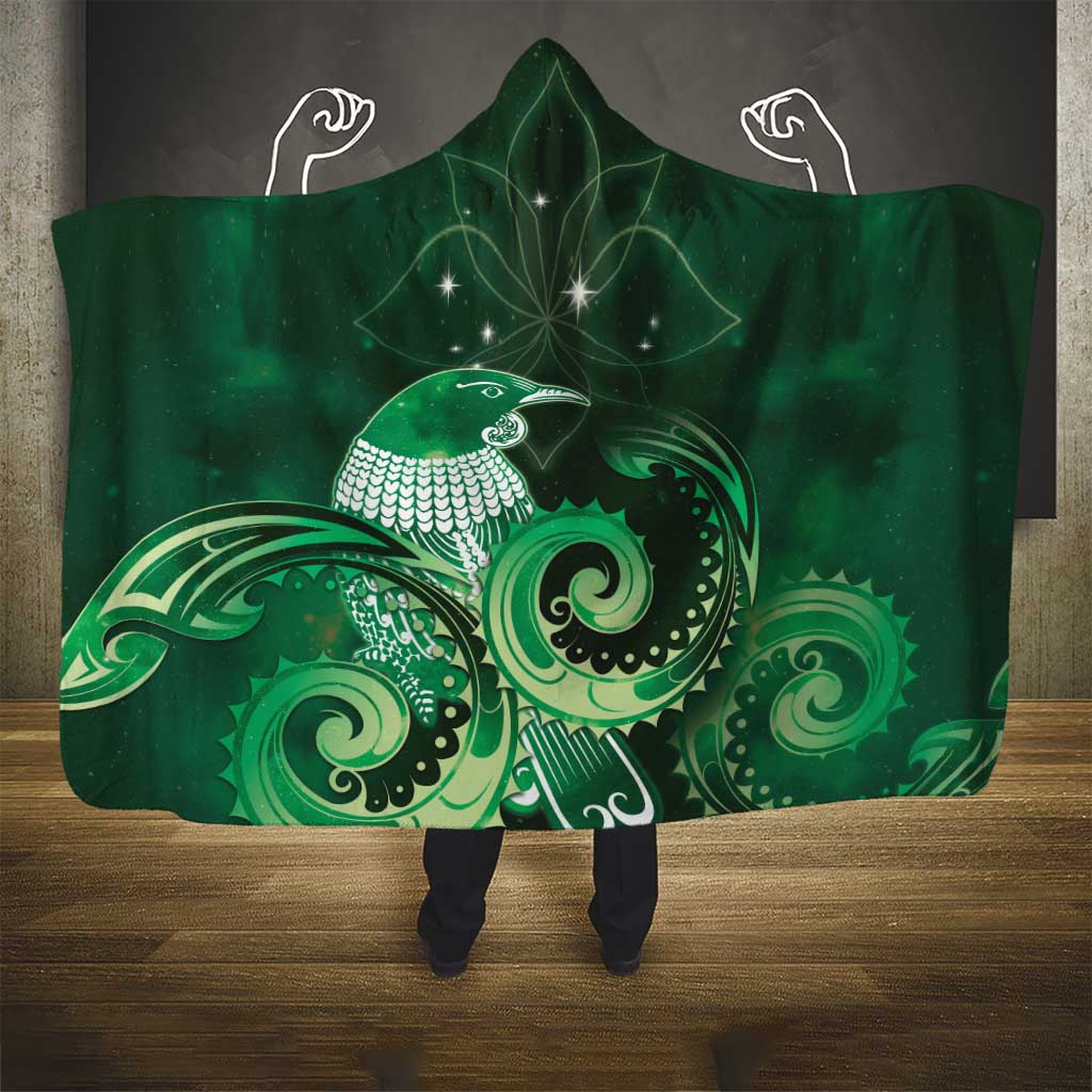 New Zealand Matariki Hooded Blanket Maori Tui Bird Green Galaxy