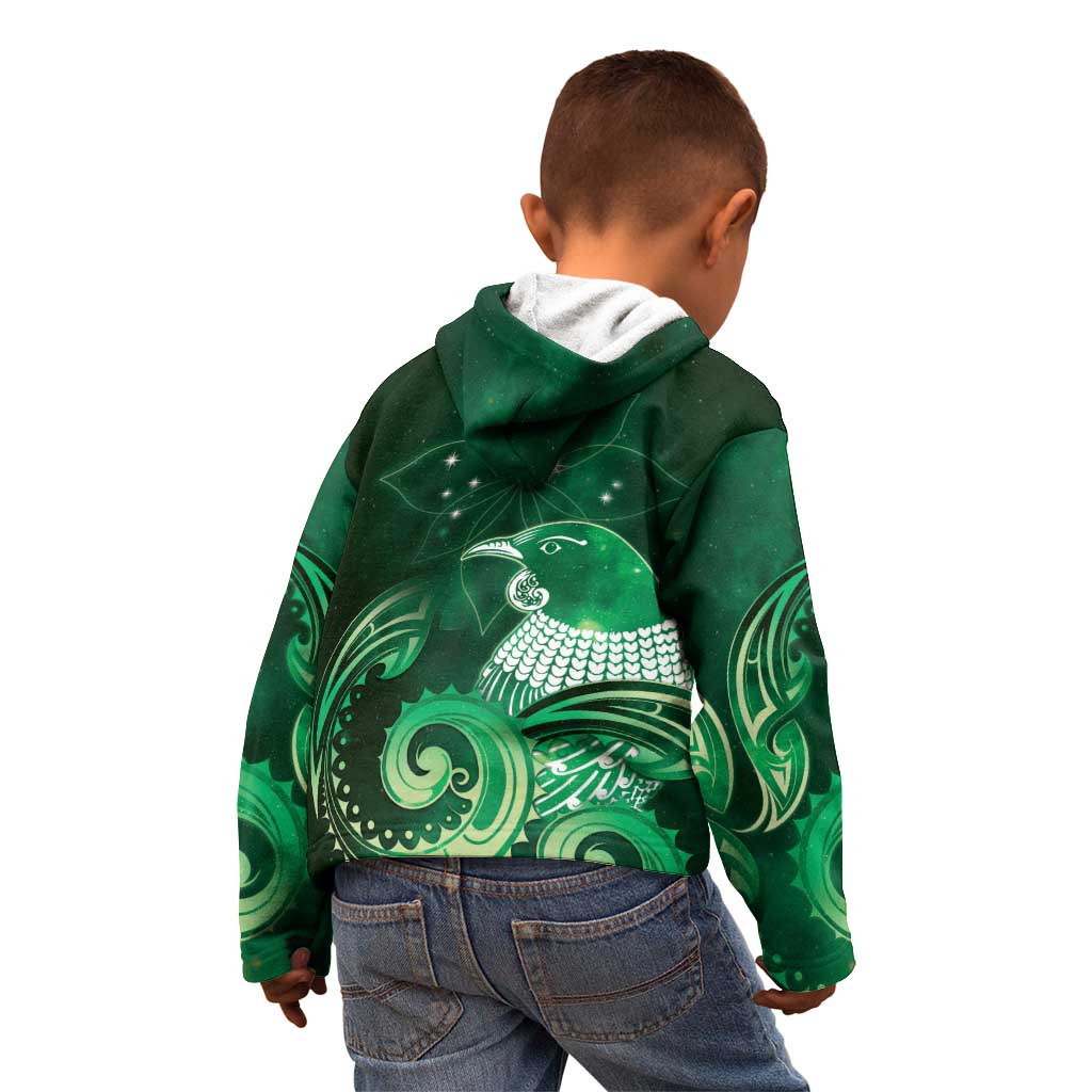New Zealand Matariki Kid Hoodie Maori Tui Bird Green Galaxy