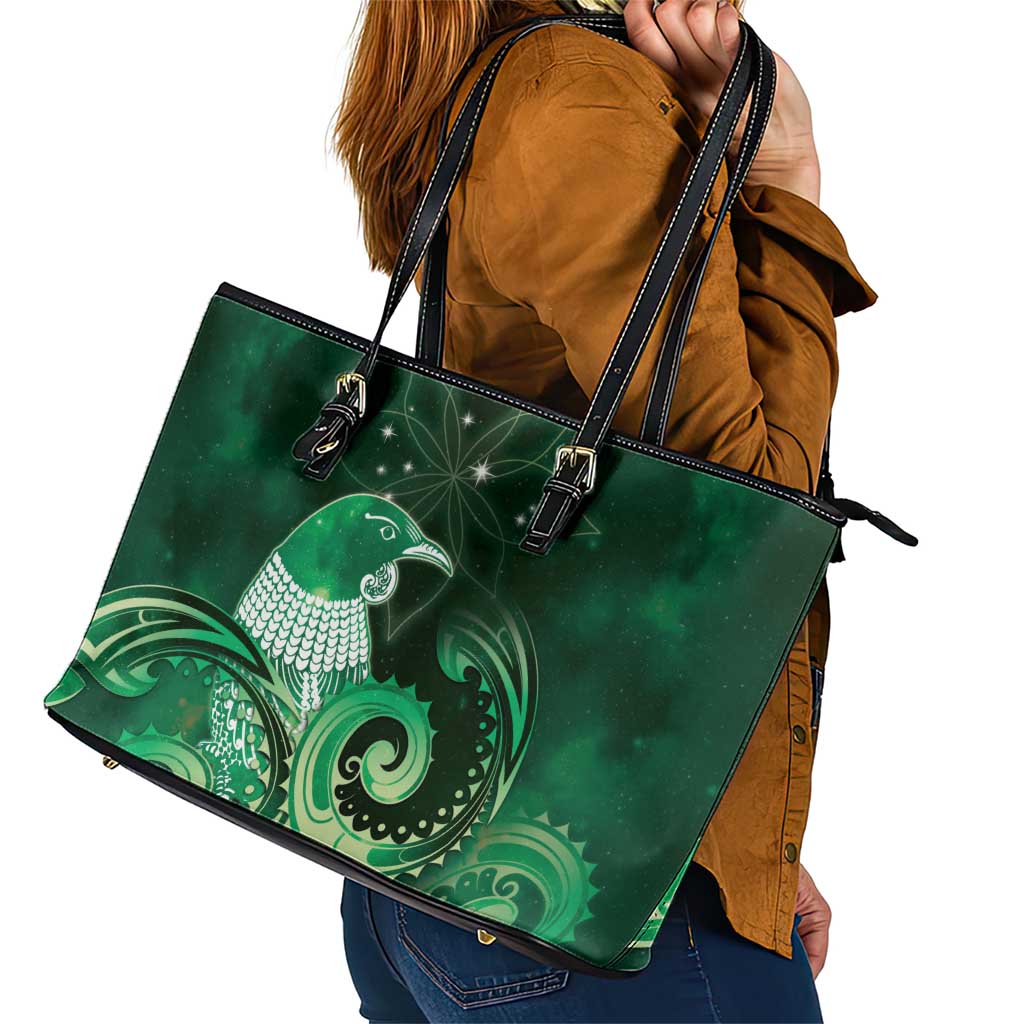 New Zealand Matariki Leather Tote Bag Maori Tui Bird Green Galaxy