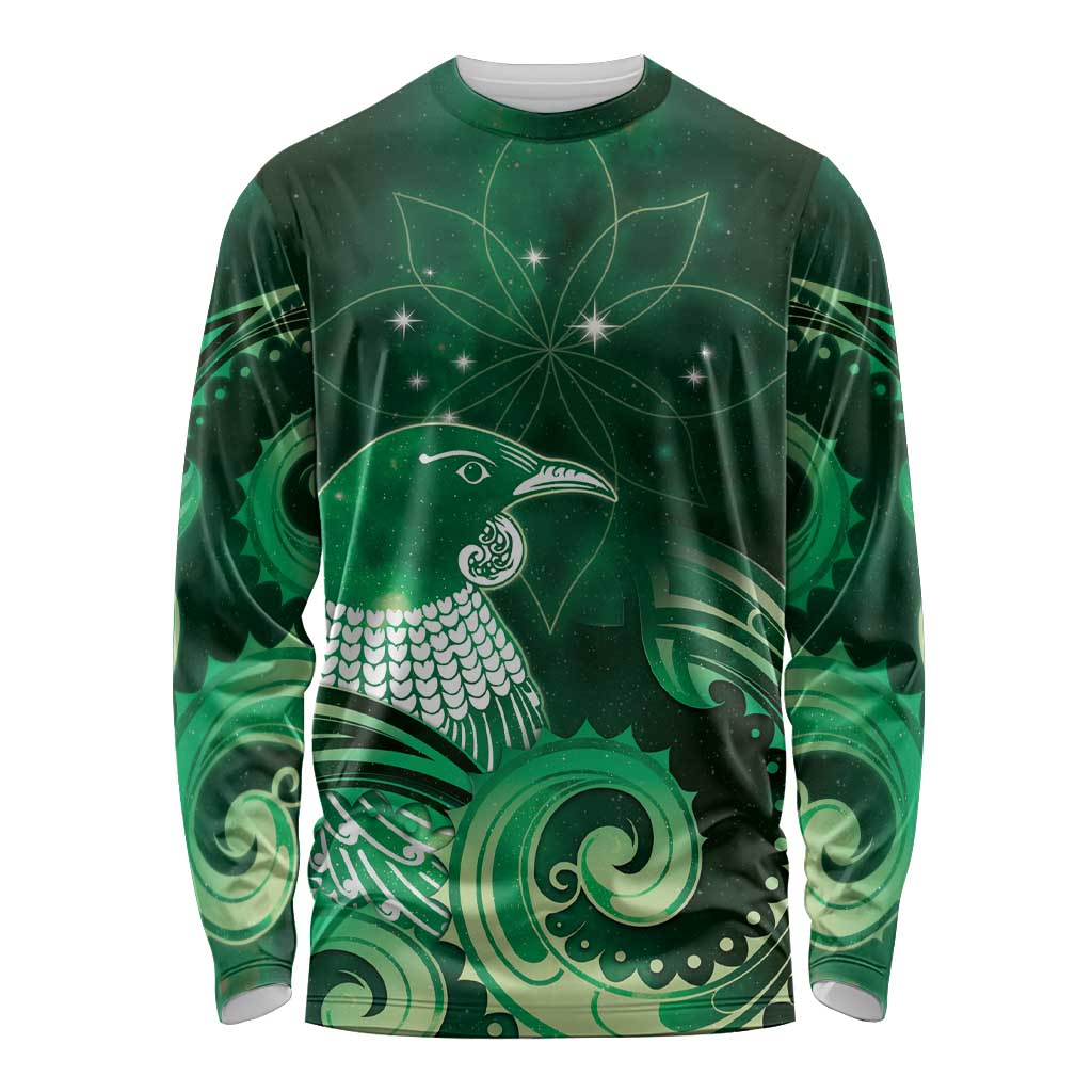 New Zealand Matariki Long Sleeve Shirt Maori Tui Bird Green Galaxy