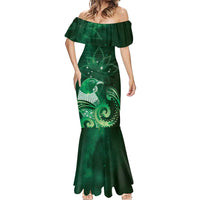 New Zealand Matariki Mermaid Dress Maori Tui Bird Green Galaxy