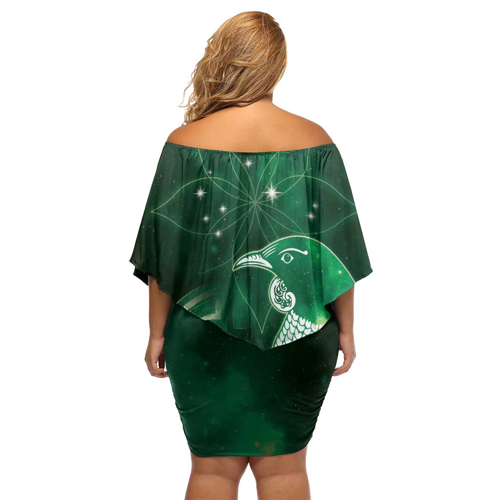 New Zealand Matariki Off Shoulder Short Dress Maori Tui Bird Green Galaxy