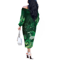 New Zealand Matariki Off The Shoulder Long Sleeve Dress Maori Tui Bird Green Galaxy
