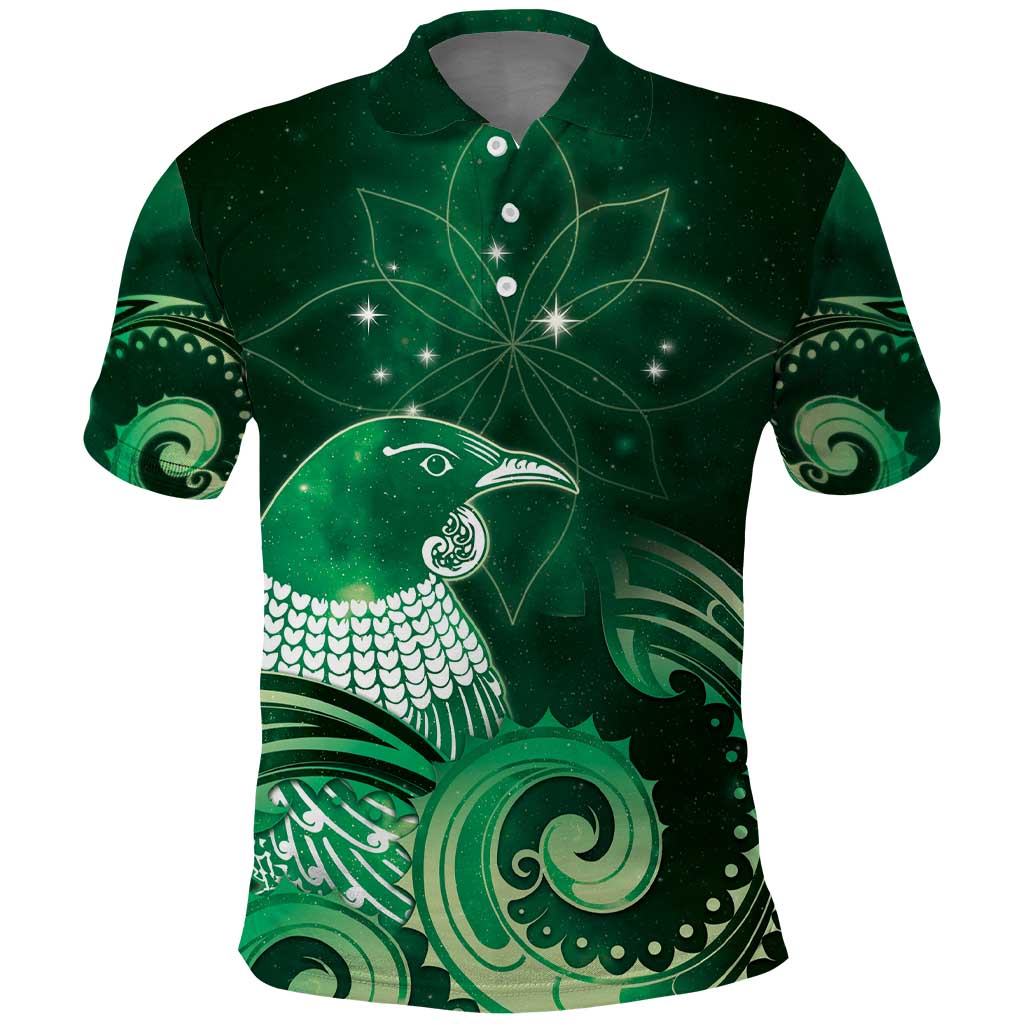 New Zealand Matariki Polo Shirt Maori Tui Bird Green Galaxy