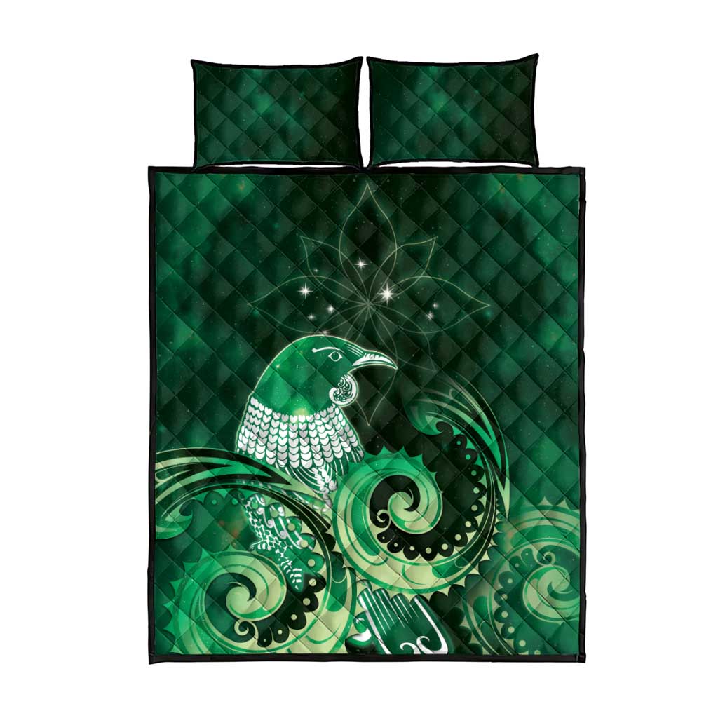 New Zealand Matariki Quilt Bed Set Maori Tui Bird Green Galaxy