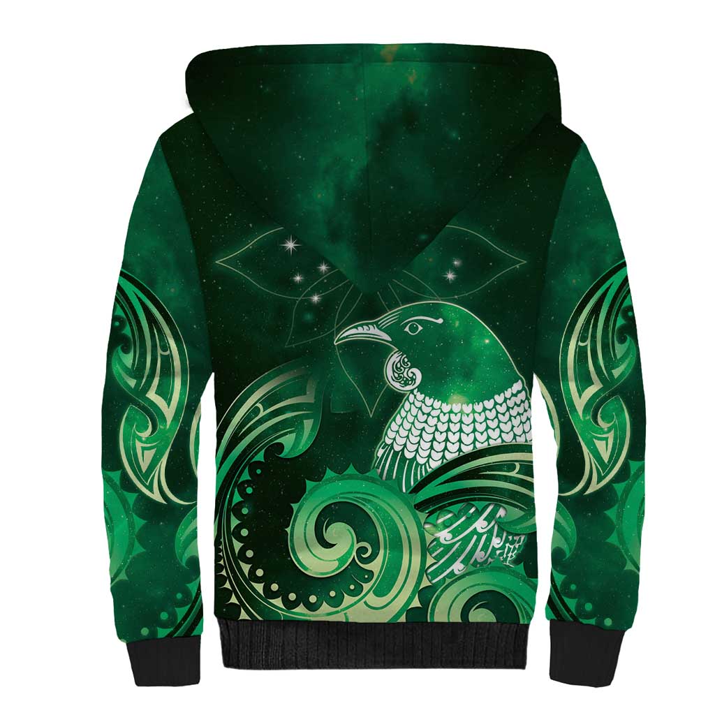 New Zealand Matariki Sherpa Hoodie Maori Tui Bird Green Galaxy