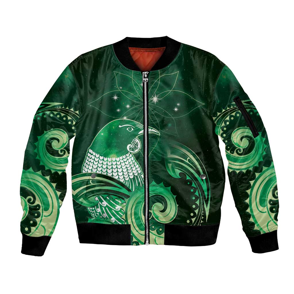 New Zealand Matariki Sleeve Zip Bomber Jacket Maori Tui Bird Green Galaxy