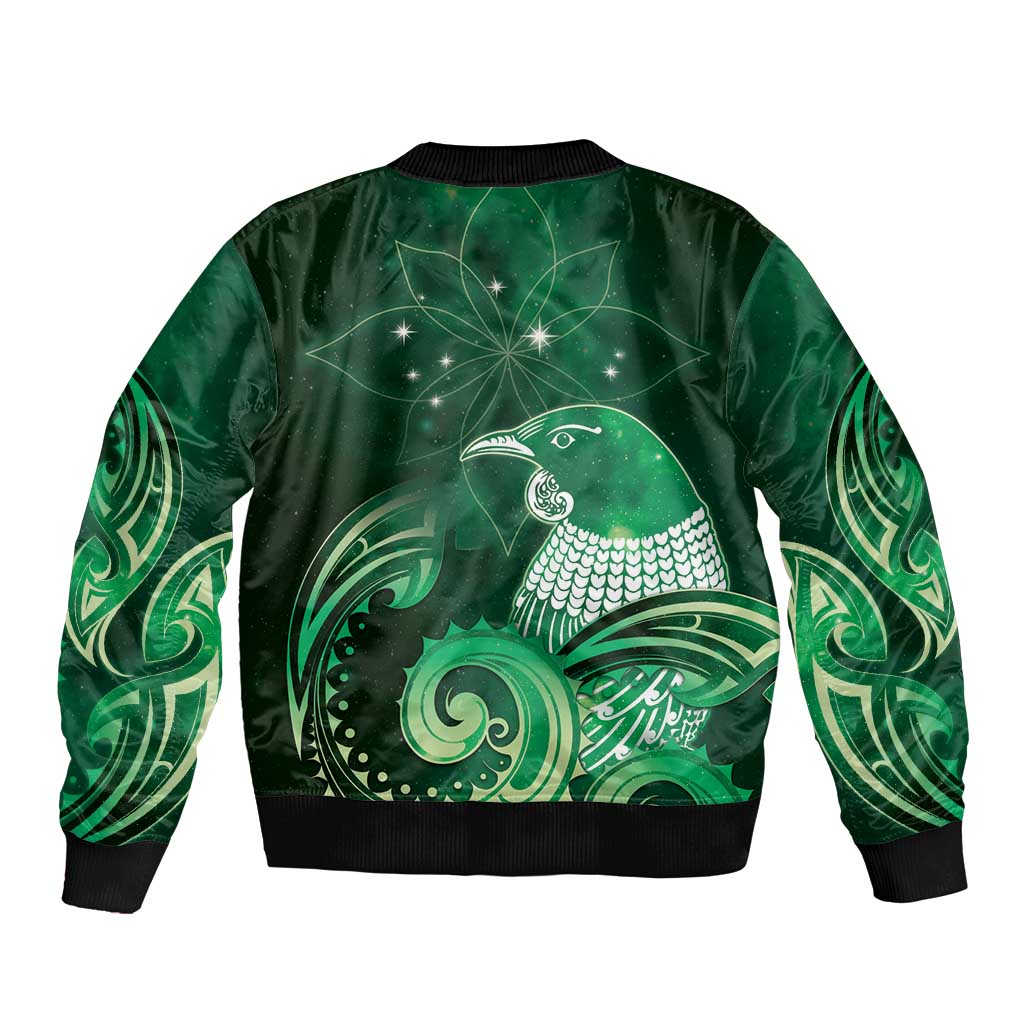 New Zealand Matariki Sleeve Zip Bomber Jacket Maori Tui Bird Green Galaxy
