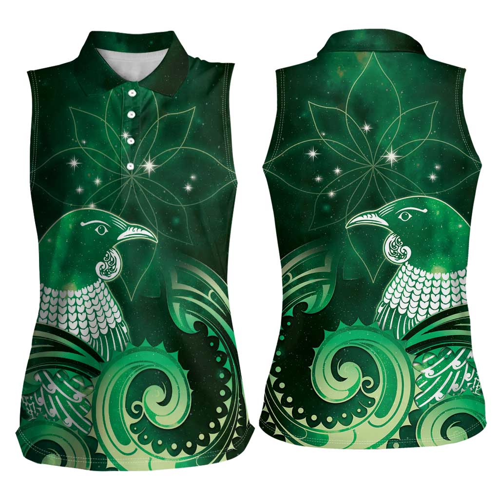New Zealand Matariki Women Sleeveless Polo Shirt Maori Tui Bird Green Galaxy