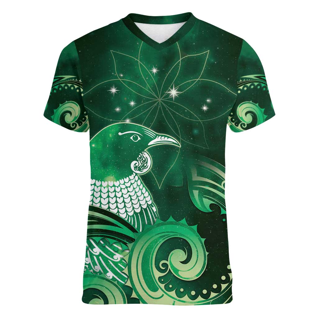New Zealand Matariki Women V-Neck T-Shirt Maori Tui Bird Green Galaxy