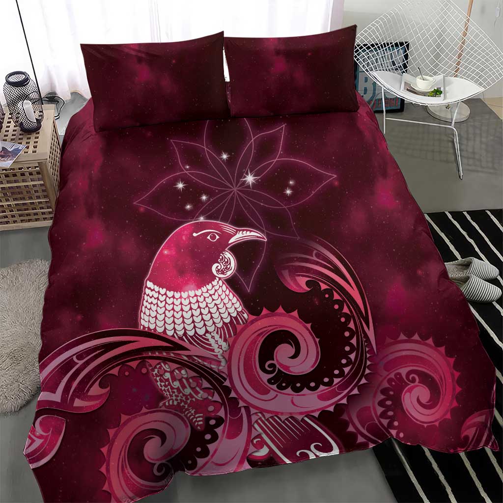 New Zealand Matariki Bedding Set Maori Tui Bird Magenta Galaxy
