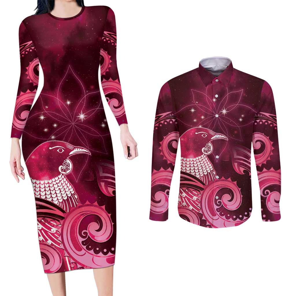 New Zealand Matariki Couples Matching Long Sleeve Bodycon Dress and Long Sleeve Button Shirt Maori Tui Bird Magenta Galaxy