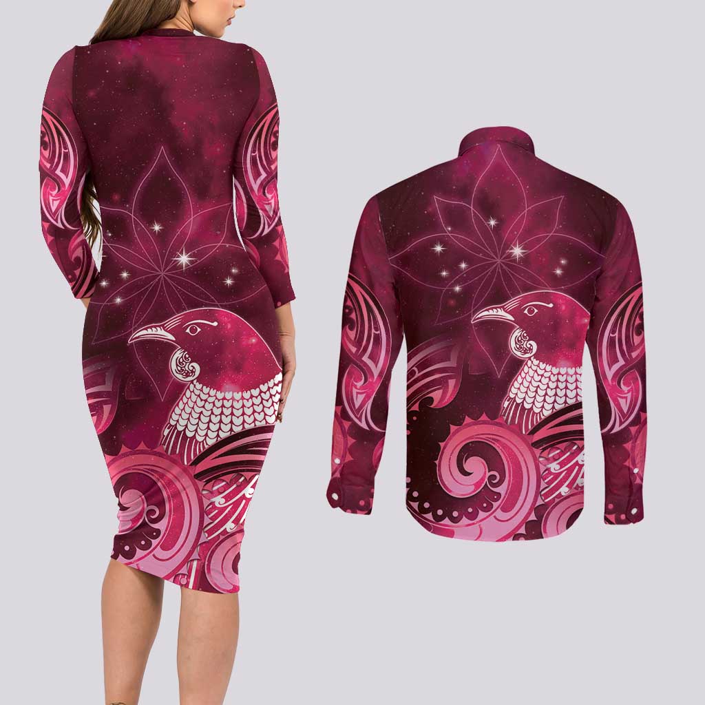 New Zealand Matariki Couples Matching Long Sleeve Bodycon Dress and Long Sleeve Button Shirt Maori Tui Bird Magenta Galaxy