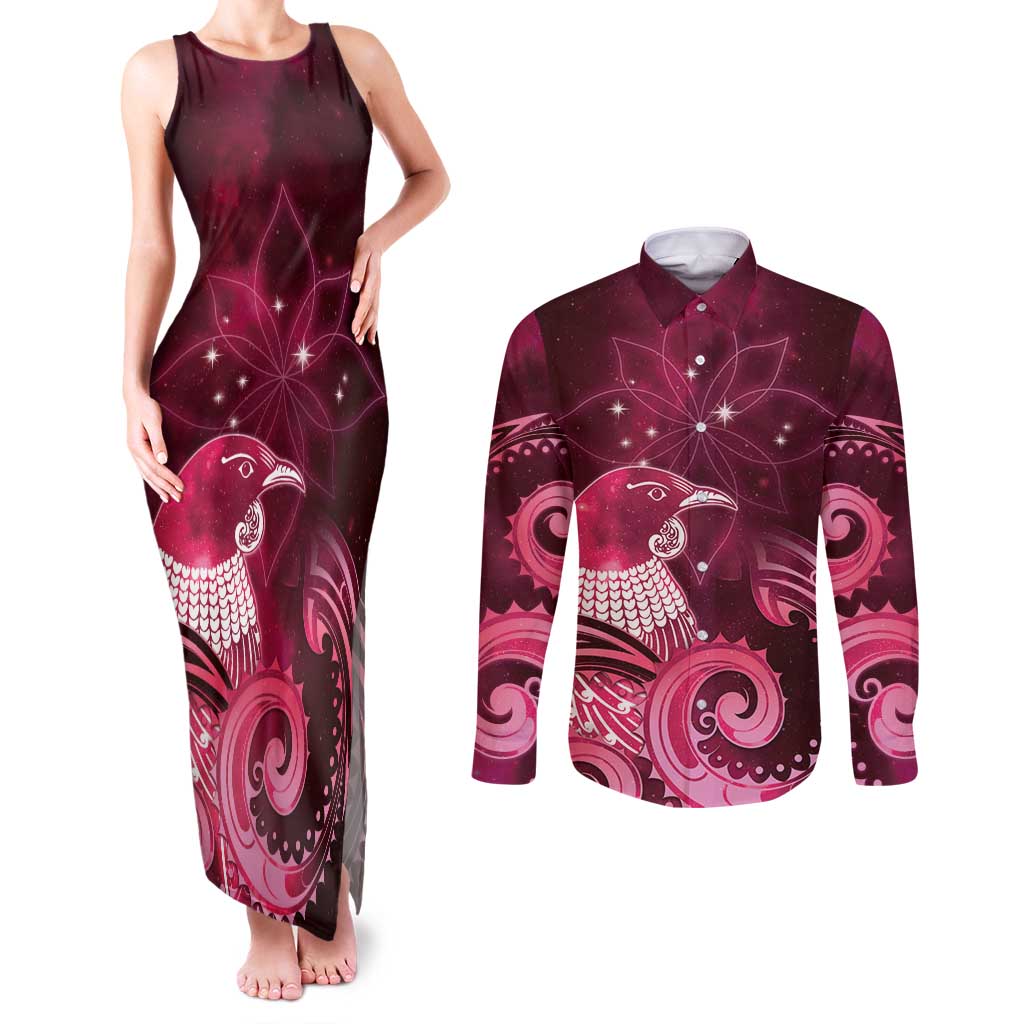 New Zealand Matariki Couples Matching Tank Maxi Dress and Long Sleeve Button Shirt Maori Tui Bird Magenta Galaxy