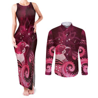 New Zealand Matariki Couples Matching Tank Maxi Dress and Long Sleeve Button Shirt Maori Tui Bird Magenta Galaxy