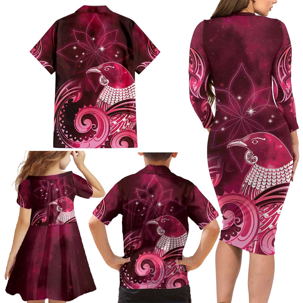 New Zealand Matariki Family Matching Long Sleeve Bodycon Dress and Hawaiian Shirt Maori Tui Bird Magenta Galaxy