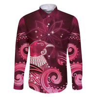 New Zealand Matariki Family Matching Off The Shoulder Long Sleeve Dress and Hawaiian Shirt Maori Tui Bird Magenta Galaxy