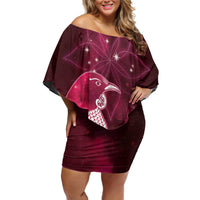 New Zealand Matariki Family Matching Off Shoulder Short Dress and Hawaiian Shirt Maori Tui Bird Magenta Galaxy