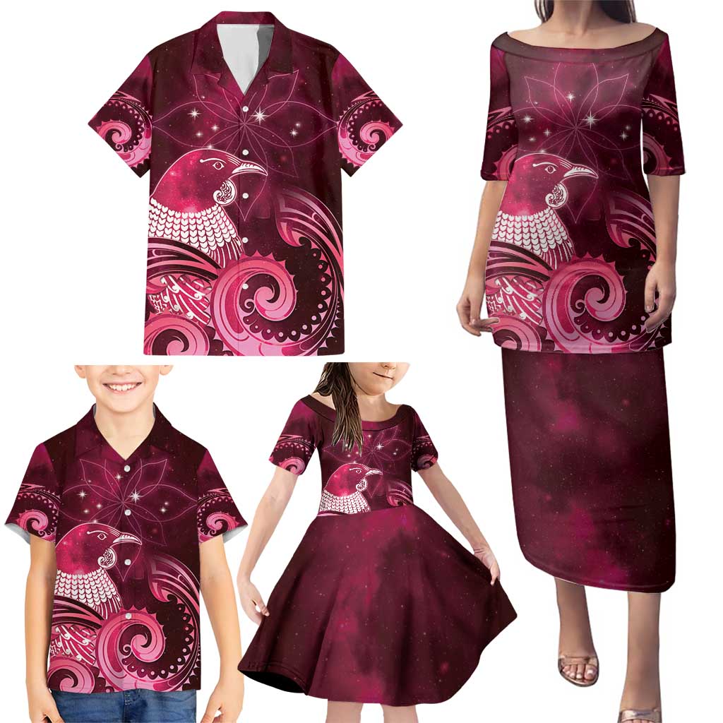 New Zealand Matariki Family Matching Puletasi and Hawaiian Shirt Maori Tui Bird Magenta Galaxy