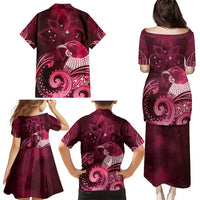New Zealand Matariki Family Matching Puletasi and Hawaiian Shirt Maori Tui Bird Magenta Galaxy