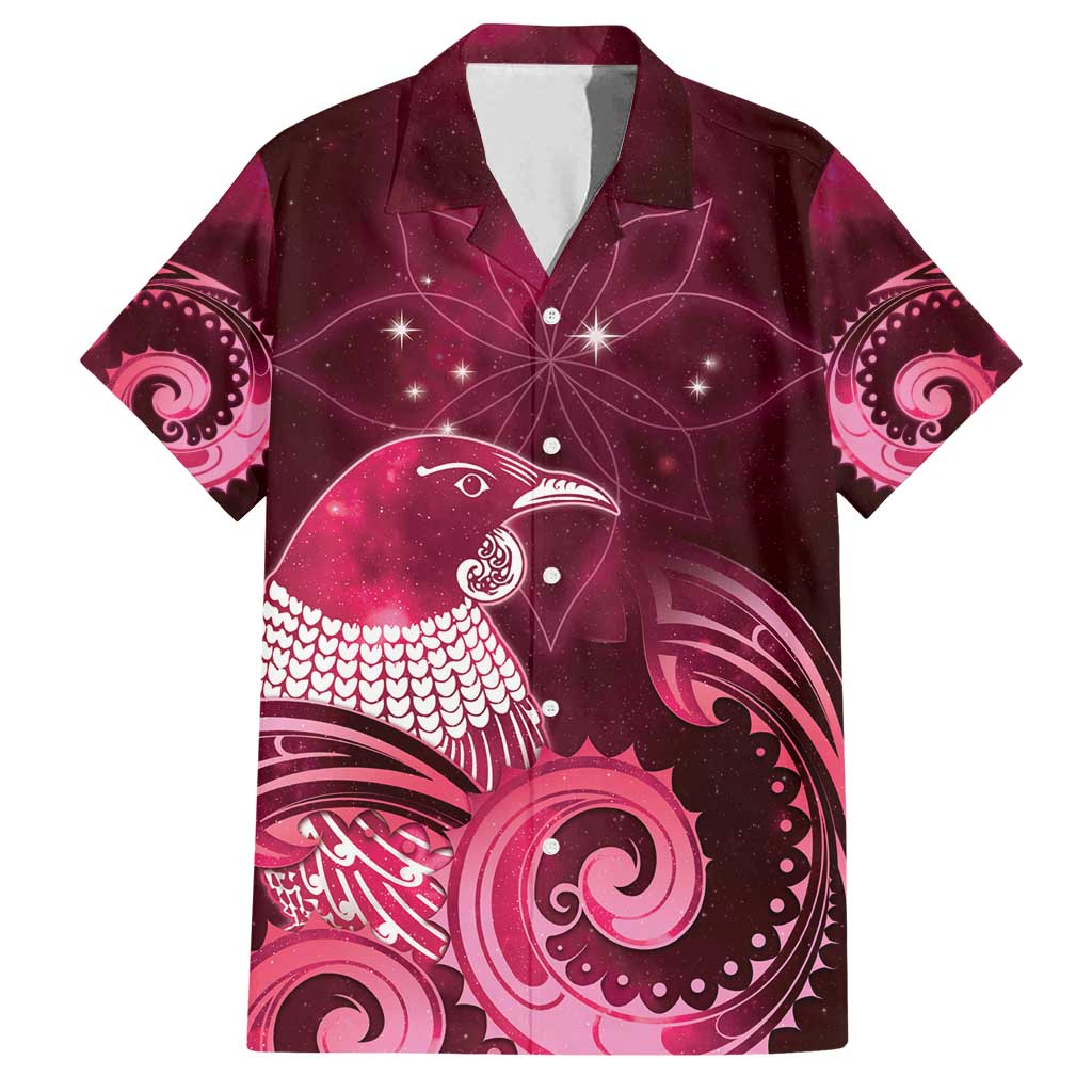 New Zealand Matariki Family Matching Puletasi and Hawaiian Shirt Maori Tui Bird Magenta Galaxy