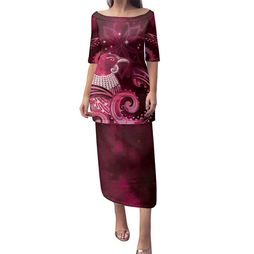 New Zealand Matariki Family Matching Puletasi and Hawaiian Shirt Maori Tui Bird Magenta Galaxy